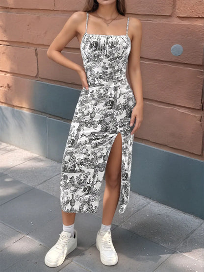 2025 Women Floral Print Dress Sleeveless High Slit Bodycon Midi Sundress French Vintage Style for Beach Date Night Office Party