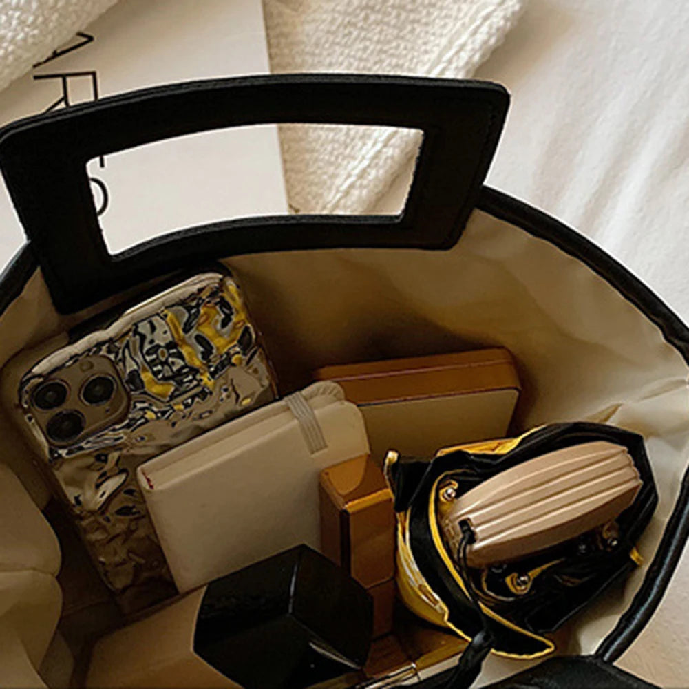 Women Straw Tote Handbag PU Leather Casual Travel Handbag Large Capacity Versatile Weaving Bag Summer Beach Handbag