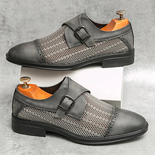New Designer Men's Breathable Mesh Patchwork Patent Leather Shoes Male Summer Formal Wedding Dress Homecoming Monk Strap Loafers