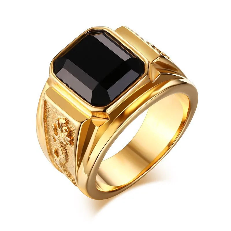 Fashion Men's Ring Square Facade Good Stone Inlaid Ring Side Flying Dragon Carving Domineering Men's Ring Party Jewelry Accessor