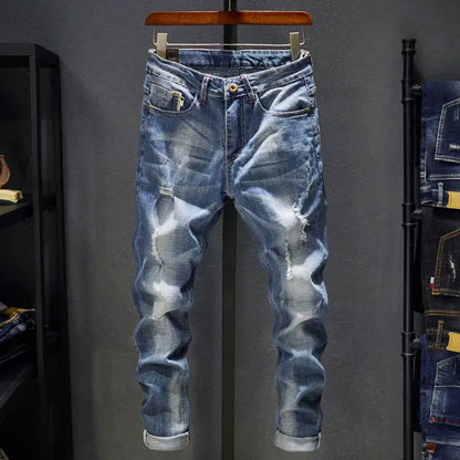 American High Street Men's Jeans Trendy Ripped Worn-out Hole Punch Elastic Straight Cut Slim Fit Streetwear Pant for All Seasons