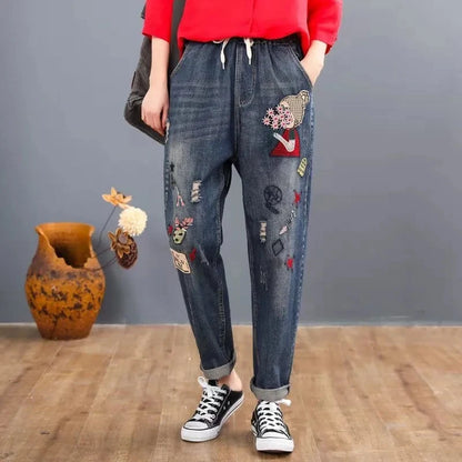 y2k Embroidery Ankle-Length Baggy Jeans Elastic High Waist Capris Lace Up Harem Denim Pants Women Vaquero Oversized 4xl Pantalon