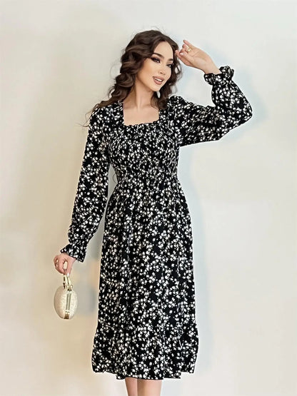 Long Sleeve Casual Dress Women Chiffon Dresses Autumn Spring A-line Printed Floral Elastic Chest Lace Up Midi Dresses Vestidos