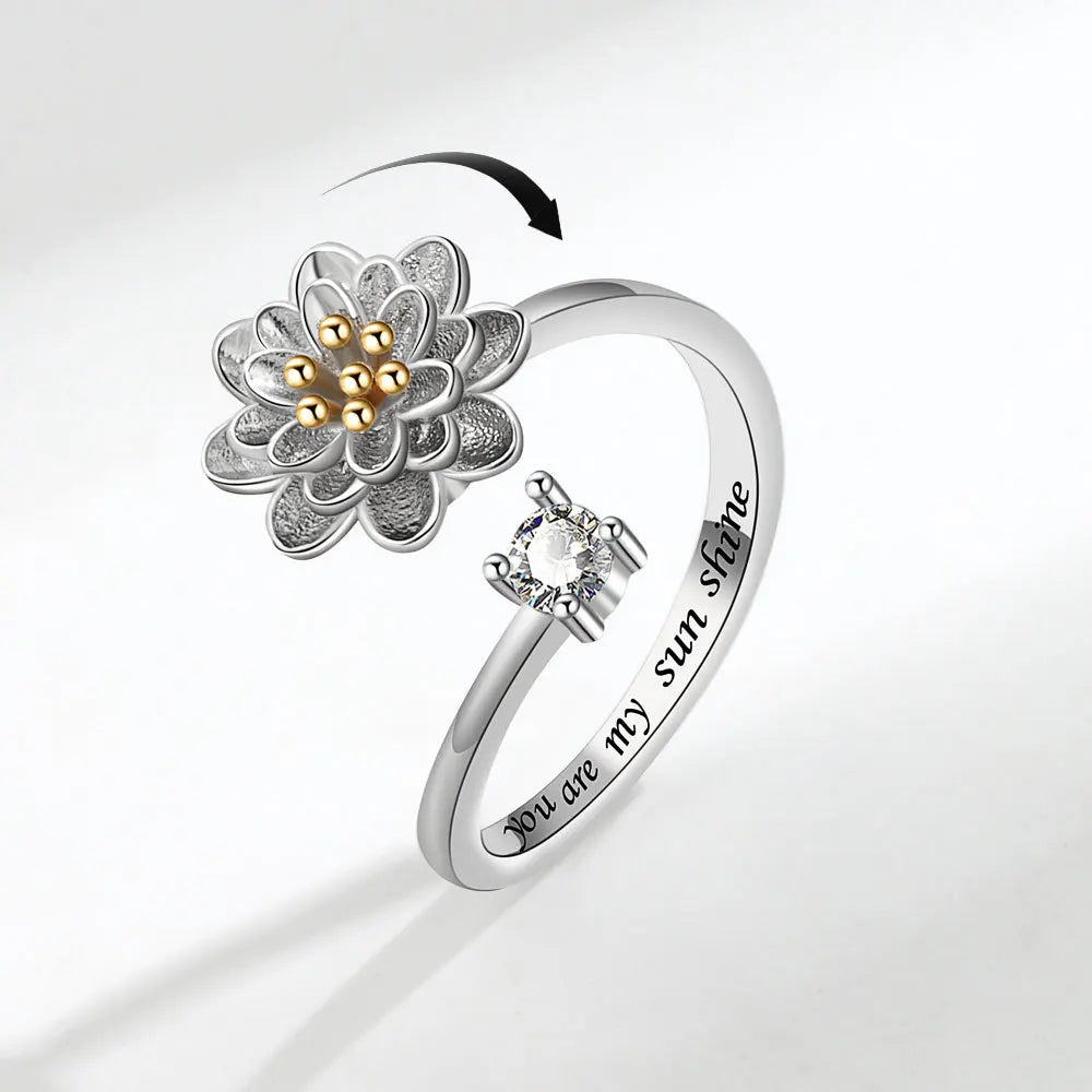 VENTFILLE 925 Sterling Silver Sunflower Diamond Zircon Rotatable Ring For Women Gift Relieve Stress Ring Jewelry Wholesale