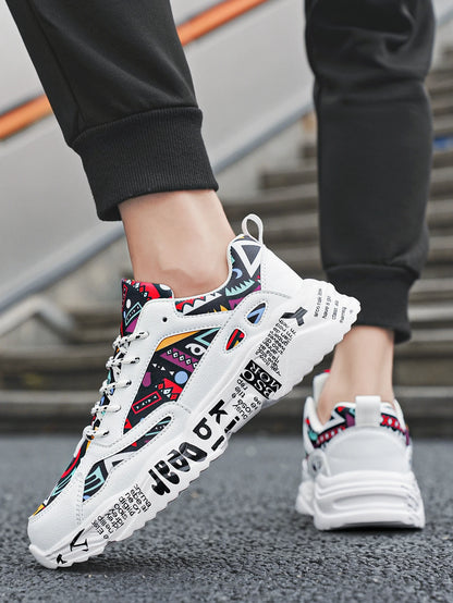 Men's Fashionable and Trendy Random Graffiti Contrasting Letter Stickers Dad Shoes, Comfortable Daily Versatile Casual Couple Sneakers