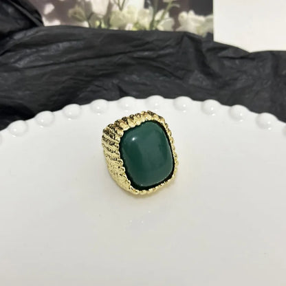 Vintage Geometric Metal Square Natural Stone Ring For Women Exaggerated Trendy Finger Jewelry Party Accessories