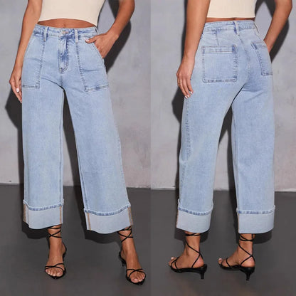 2025 Four Seasons New Stretch Jeans, Washed High-waisted Jeans, Fashionable, Casual, Trendy, Versatile Wide-leg Pants for Women
