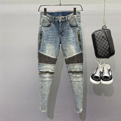 Zippered Slim Fit Men's Jeans Straight Leg Blue Vintage Distressed Casual Trendy Spring Autumn Lightweight Pants