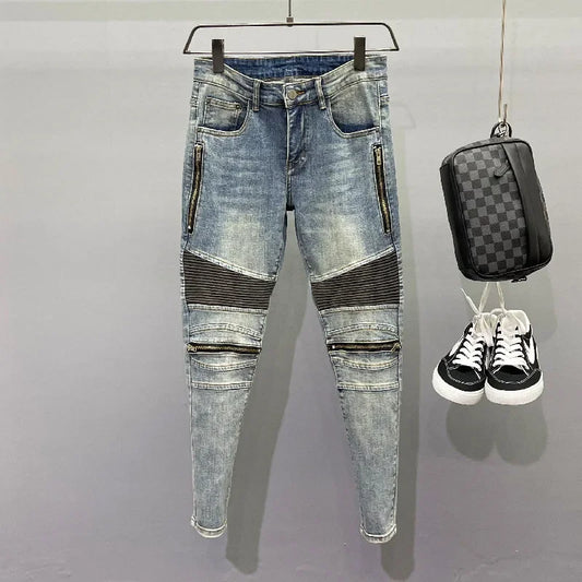 Zippered Slim Fit Men's Jeans Straight Leg Blue Vintage Distressed Casual Trendy Spring Autumn Lightweight Pants