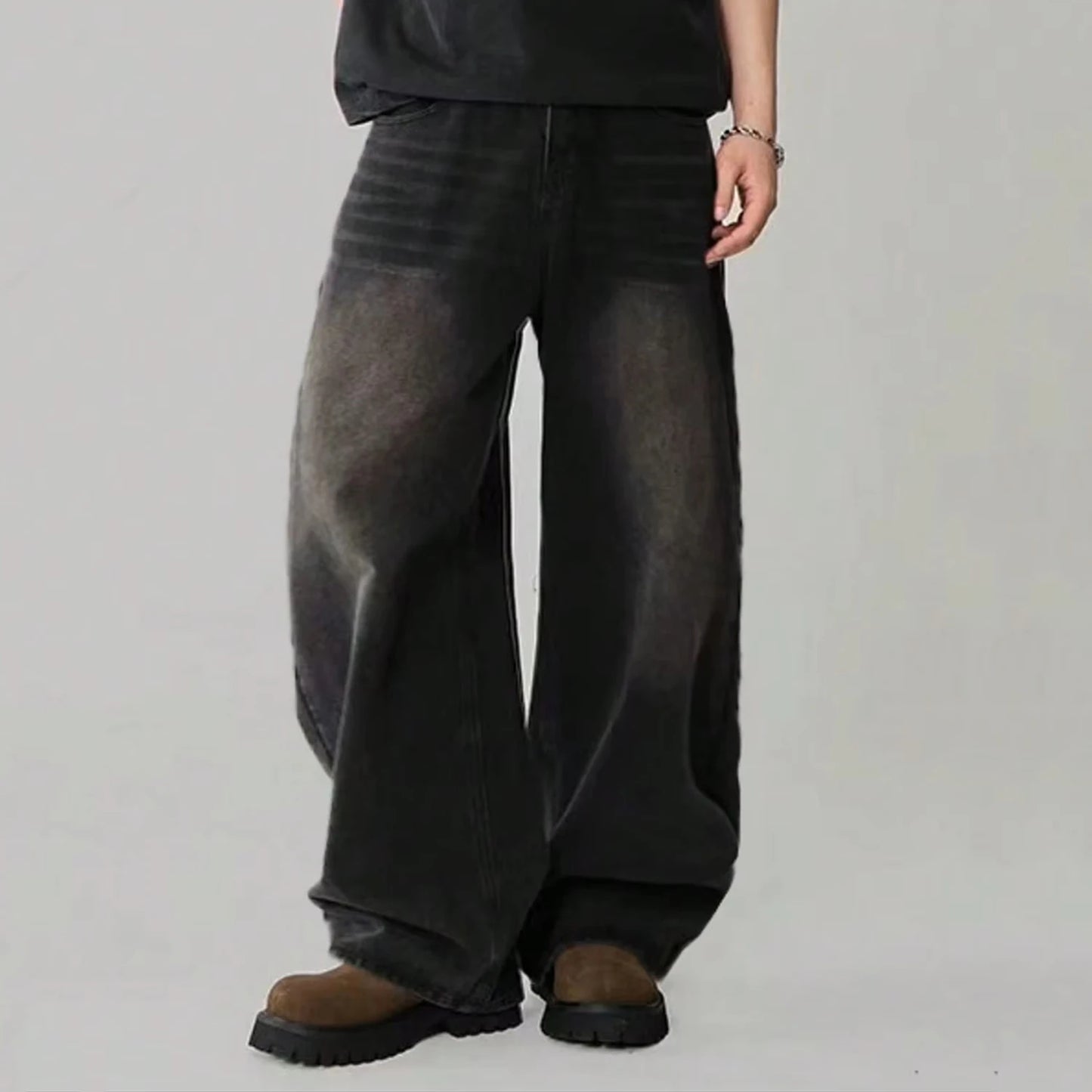 Men's Hip Hop Anime Pattern Black Loose Wide Leg Jeans American Trend Retro Gothic Men Woman Wide-Leg Pants Streetwear
