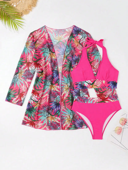 Halter Print Bikini Sets 3PCS Women Swimsuit With Kimono High Waist Swimwear Female Bathers Bathing Swimming Swim Suit Beachwear
