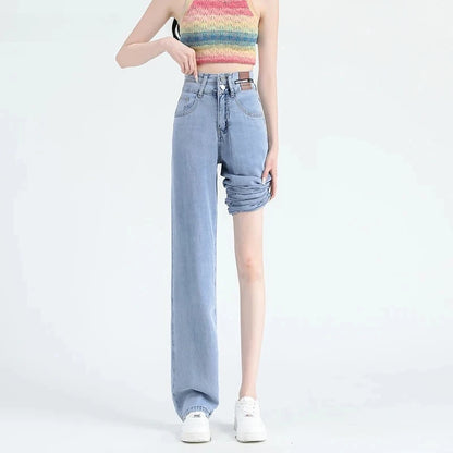 Lyocell Jeans Summer Thin High Waisted Wide Pants Korean Stretch Women Jeans Fashion Street Straight Denim Trousers Baggy Jeans
