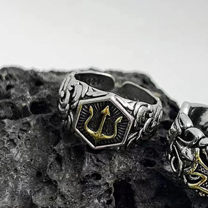 Retro Poseidon Golden Trident Ring For Men Punk Gothic Rock Hiphop Open Ring Handmade Unisex Jewelry Bikers Accessories Man Gift