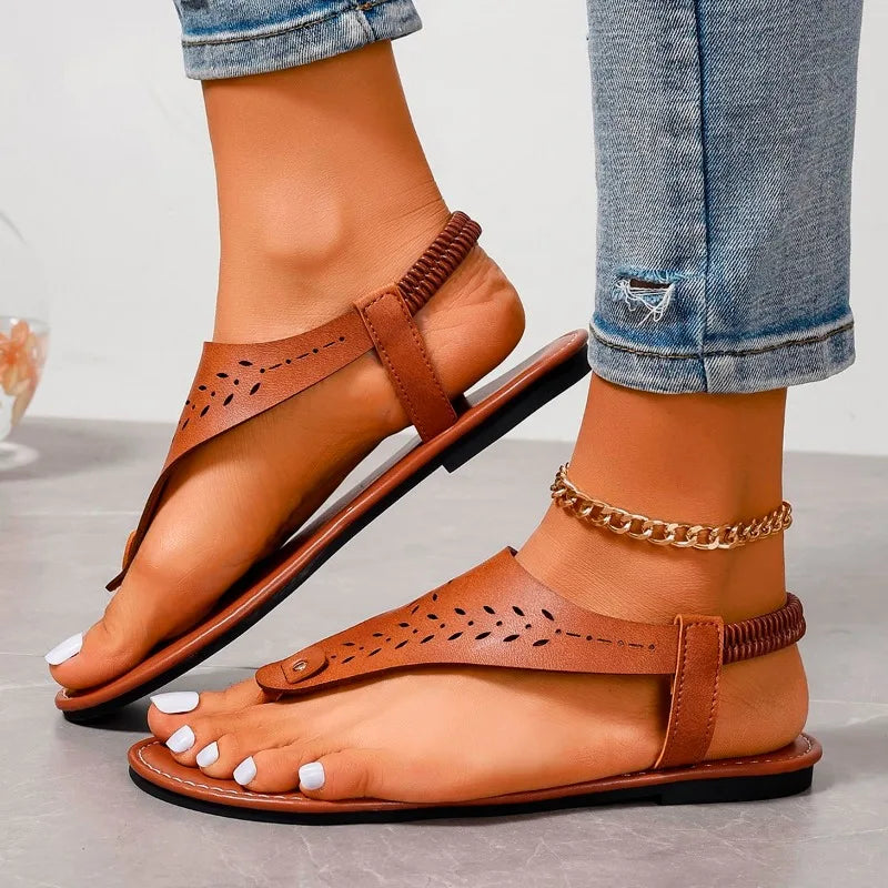 Ladies Shoes New Thong Women's Sandals Open Toe Casual Sandals Women Rivet Elastic Band Flat Heel Soft Bottom Shoes Female