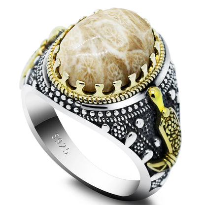 Fashionable men's handmade ring jewelry natural gold coral stone handmade s925 silver ring men's party gift