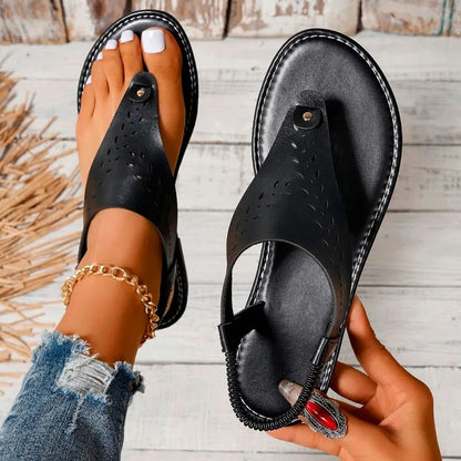 Ladies Shoes New Thong Women's Sandals Open Toe Casual Sandals Women Rivet Elastic Band Flat Heel Soft Bottom Shoes Female