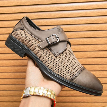 New Designer Men's Breathable Mesh Patchwork Patent Leather Shoes Male Summer Formal Wedding Dress Homecoming Monk Strap Loafers