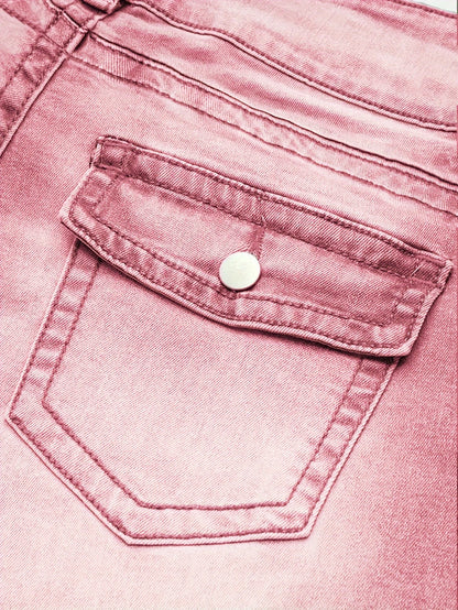 Women's stretch jeans pink wash, low-rise slim fit denim with hip lift effect, double-breasted placket, stylish and sexy jeans.