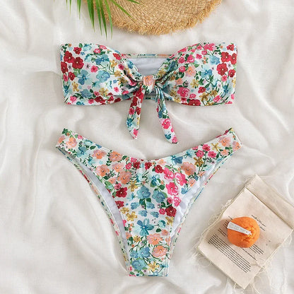 Floral Print Bandeau Bikini Set Off Shoulder Push Up Swimsuit Women Tube Top Bikinis Knot Swimwear  Sexy Summer Bathing Suit