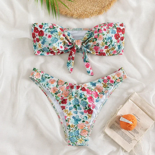 Floral Print Bandeau Bikini Set Off Shoulder Push Up Swimsuit Women Tube Top Bikinis Knot Swimwear  Sexy Summer Bathing Suit