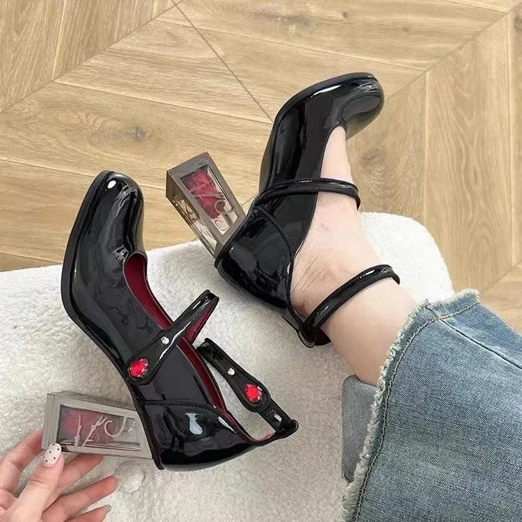 New Punk Gothic High Heels Pumps Women Rose Heeled Leather Lolita Shoes Woman Ankle Straps Black Mary Jane Shoes Plus Size 43