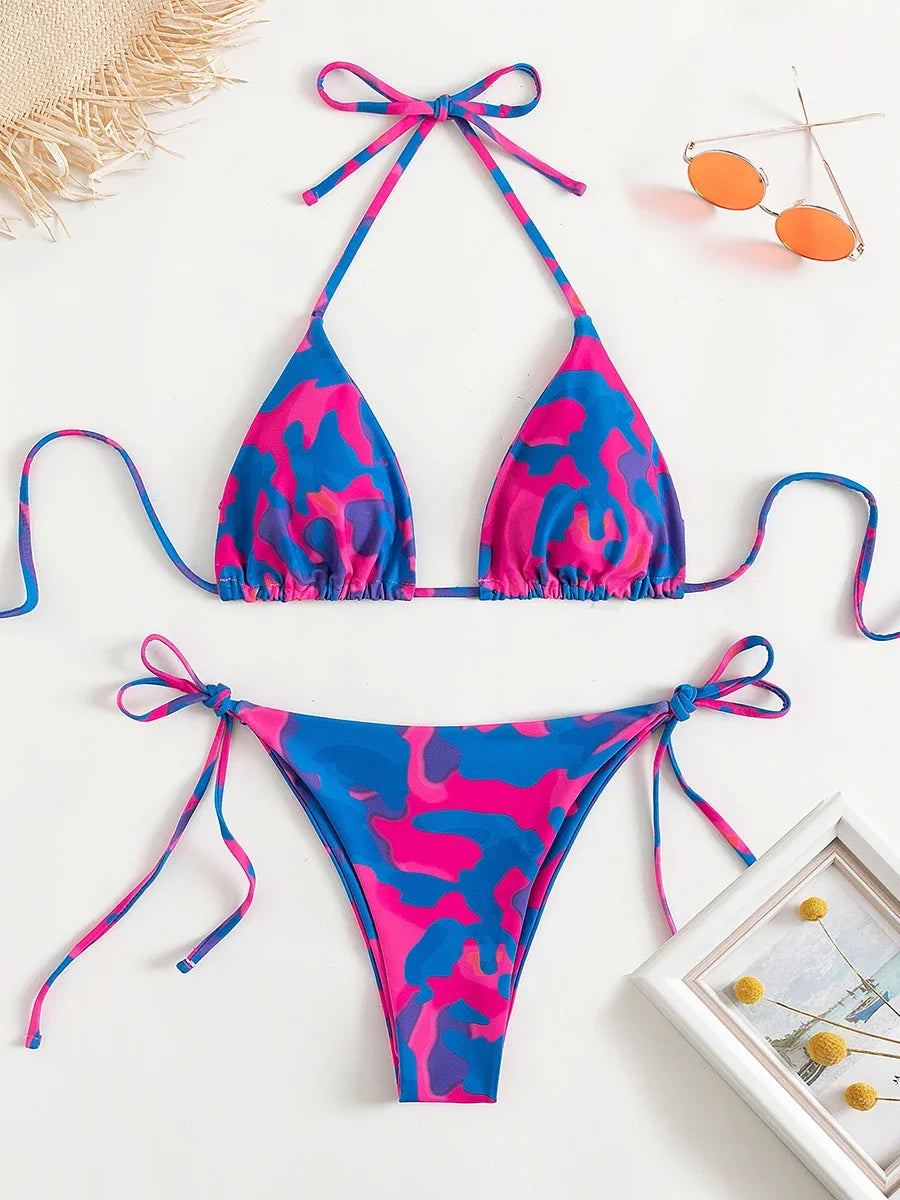 Tie Dye Micro Bikini 2025 Women Swimsuit Female Swimwear Thong Bathing Suits Sexy Bikinis Sets Lace Up Brazilian Halter Biquini