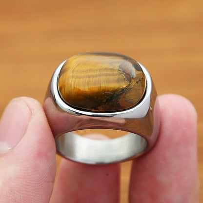 Classic Natural Tiger Eye Brown Stones Rings For Men Women Simple Stainless Steel Stone Ring Punk Fashion Jewelry Gift Wholesale