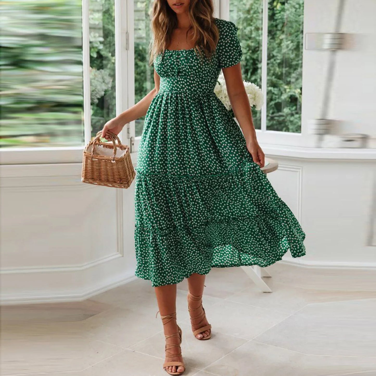 Sexy Square Collar Short Puff Sleeve Chiffon Floral Print Boho Party Dress Summer Women Beachwear Sand Vestidos