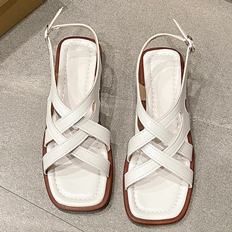 Smile Women Sandals Roman Retro Woven Fashion Sandals Spring New Rubber Low Heel Square Toe Beach Sandals Korean Version Sandals