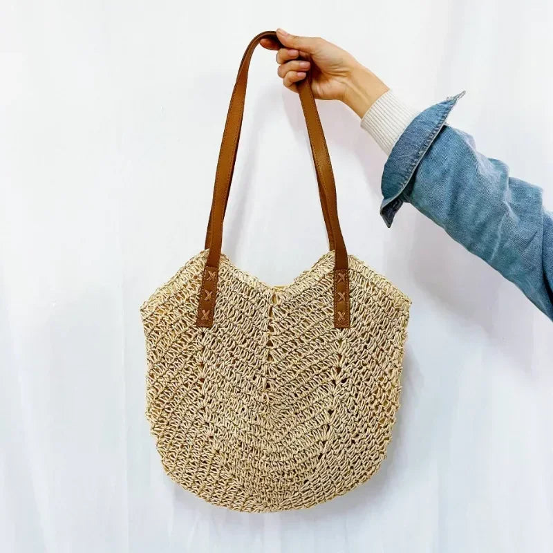Summer Straw Bags for Women Straw Shoulder Bags Rattan Woven Top Handle Bag Hollow Raffia Crochet Beach Bag Casual Handbags 2024