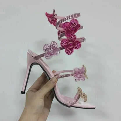 CHMURY Pink Flower Rhinestone High Heels Sandals Shoes Sexy Rose Red Luxury Designer with Wrap Strap  for Women Prom Party 2024