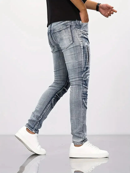 Two tone distressed patchwork jeans for men trendy jeans for summer thin straight leg pants slim fit small leg distressed jeans