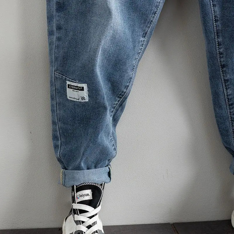 Trendy Harajuku Fashion Korean Men's Drawstring Denim Jeans Casual Pants with Patchwork and Loose Fit Kpop Baggy Cargo Trousers