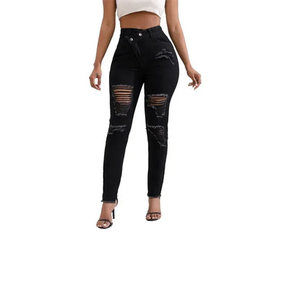Women Jeans Denim pant High Waist Pencil Pants Holes Slim Fit Pockets Sexy Streetwear Solid Sheath Distressed Ankle Length 2025