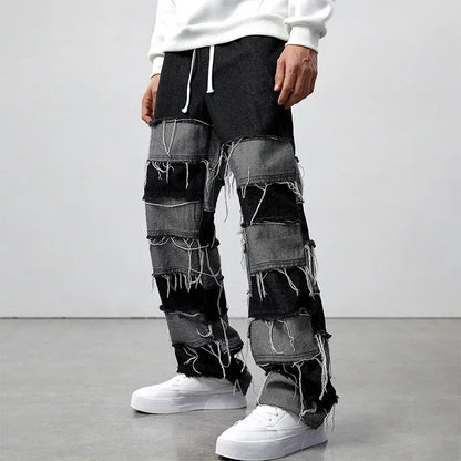 European and American New Style Whiskered Spliced Long Pants, Fashionable Men's Simple and Versatile Straight-leg Jeans.