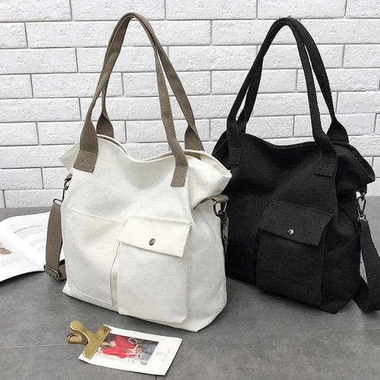 Fashion Canvas Bags Students Handbag Shoulder Bag Large Capacity Solid Color Totes Shopper Bag Casual Female CrossBody 2024