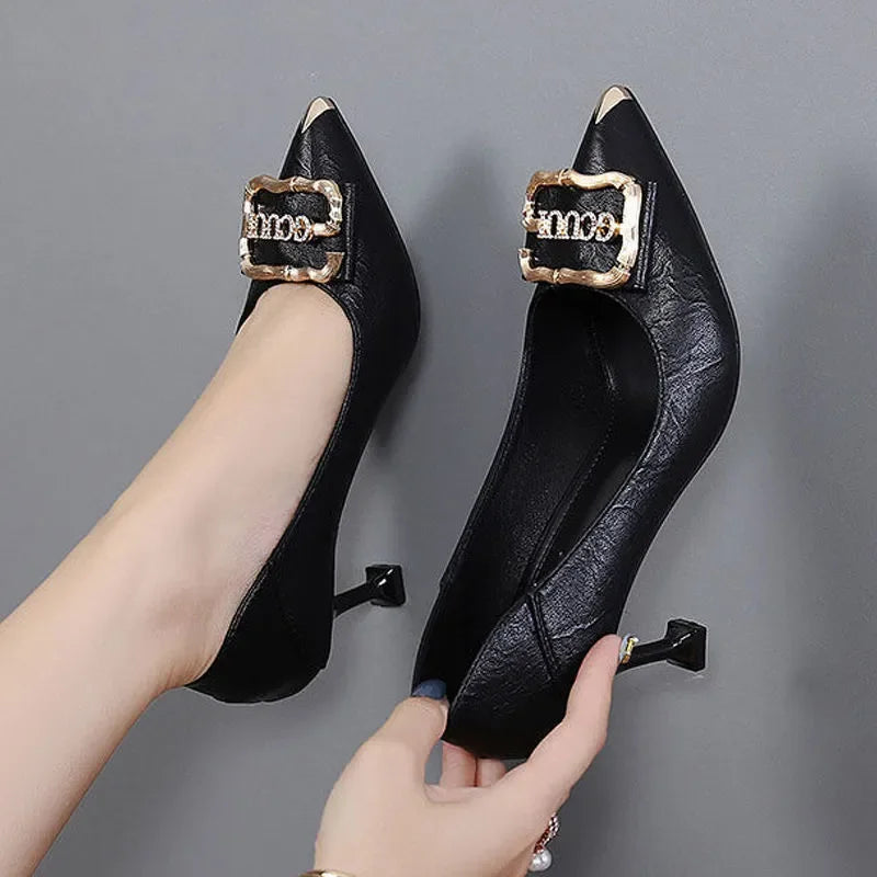 sapatos femininas women classic elegant black soft pu leather slip on stiletto heel shoes lady casual comfort summer pumps ga26
