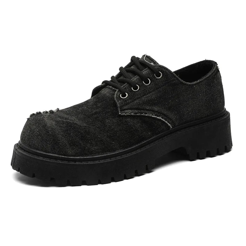 Men's Distressed Denim Derby Shoes Chunky Grunge Platform Boots Avant-Garde Bulky Toe Niche Streetwear Footwear for Trendy Youth