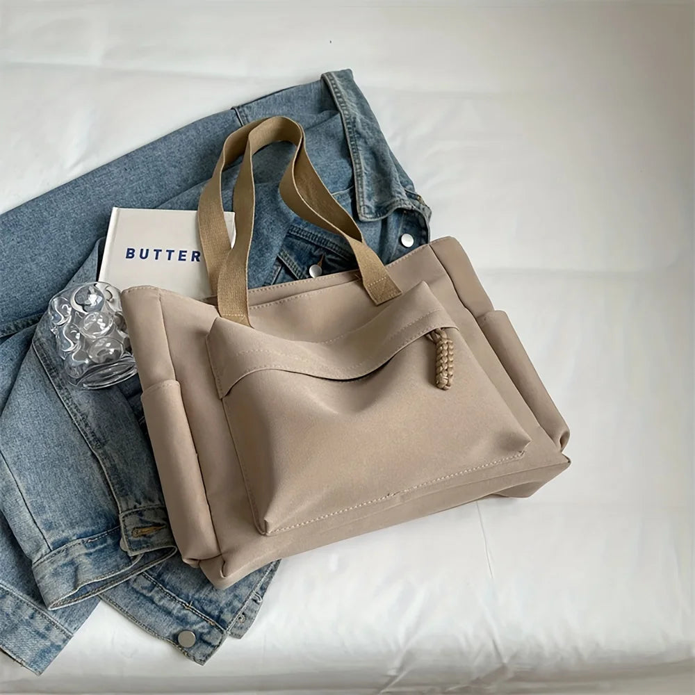 Nylon Tote Bag with Multiple Pocket Lightweight Foldable Design for Office Commute Shopping Fitness Storage Handbag Shoulder Bag