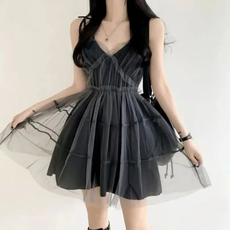 REALEFT Summer Y2k Black Mesh Women's Ball Gown Dresses 2025 New Sleeveless Strapless V-neck Party Sexy Mini Dress for Womens