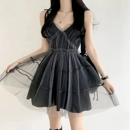 REALEFT Summer Y2k Black Mesh Women's Ball Gown Dresses 2025 New Sleeveless Strapless V-neck Party Sexy Mini Dress for Womens