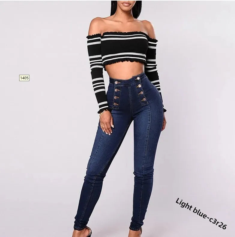 High Waist Casual Denim Pants Women's Elastic Multi-Buckle Trendy Double-Row Jeans Long Trousers Comfortable Stretchy Ladies