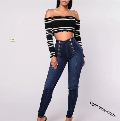 High Waist Casual Denim Pants Women's Elastic Multi-Buckle Trendy Double-Row Jeans Long Trousers Comfortable Stretchy Ladies