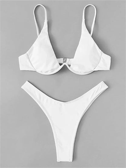 Sexy Underwire Bikini  Women Solid Red Push Up Bra Thong Swimsuit Haler V Neck Bathing Suit Mini Micro Thong Swimwear
