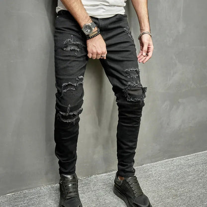 Men Long Pant Denim Pants Jeans Straight Trousers Sheath Slim Fit Pockets Casual Regular High Waist Splice Autumn Winter