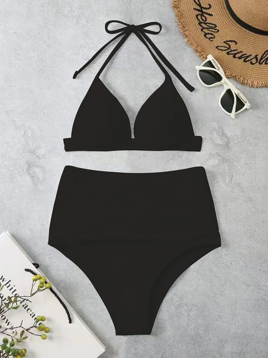 Triangle Bikinis  Women Push Up Swimsuit Solid Sexy High Waist Swimwear Female Swimming Bathing Suit Summer Beachwear