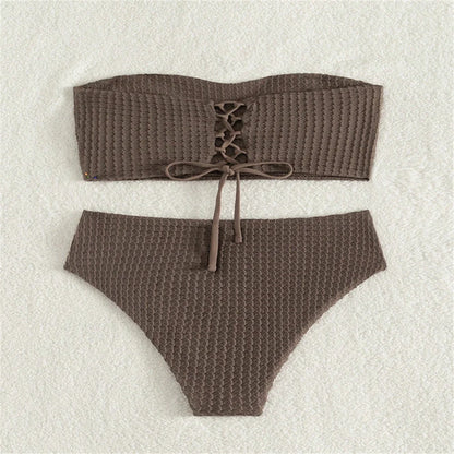 Sexy Bandeau Bikini Drawstring Backless Swimsuit Strapless Vacation Swimwears Women Trend Embossed Set Bathing Suit Beach Outfit
