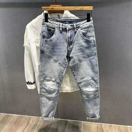 Men's Retro Jeans Casual Spring Autumn Slim Pencil Pants Vintage Distressed Motorcycle Stitching Embroidery Washed Skinny Jeans
