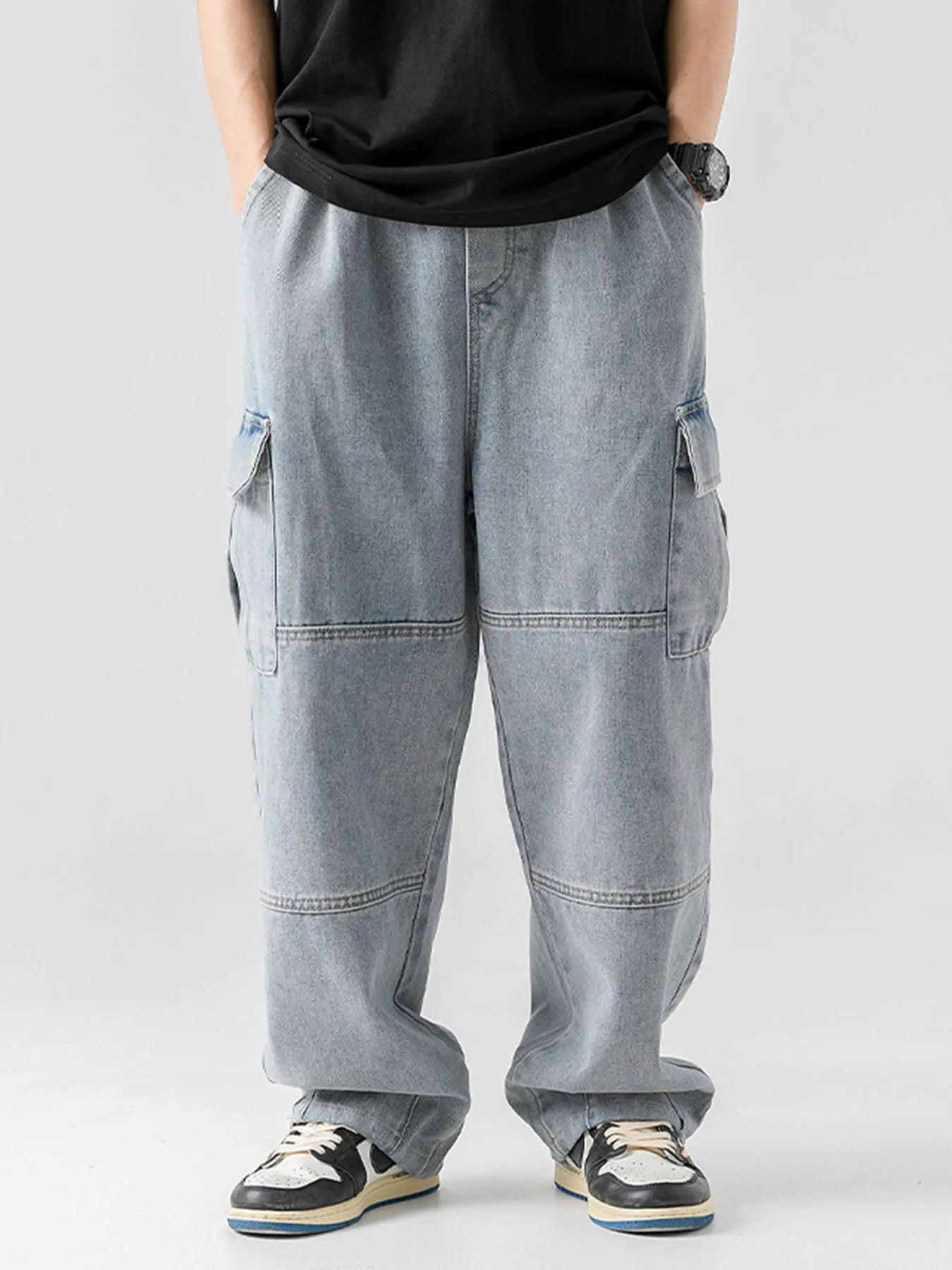 Men's Concerts Streetwear Hip Hop Dance Party Loose Elastic Waist Loose Fit Denim Cargo Joggers Pants Jeans Leisure Trousers