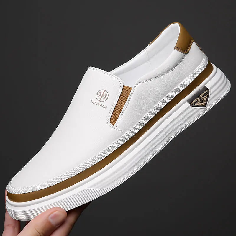 New 2025 Men's Genuine Leather Casual Sneakers Spring Summer Fashion Slip-On White Shoes Soft Sole Comfortable for Everyday Wear
